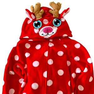 JUSTICE Girls Polka Dot Red Holiday Reindeer Hooded Zipper Onesie Footed P…